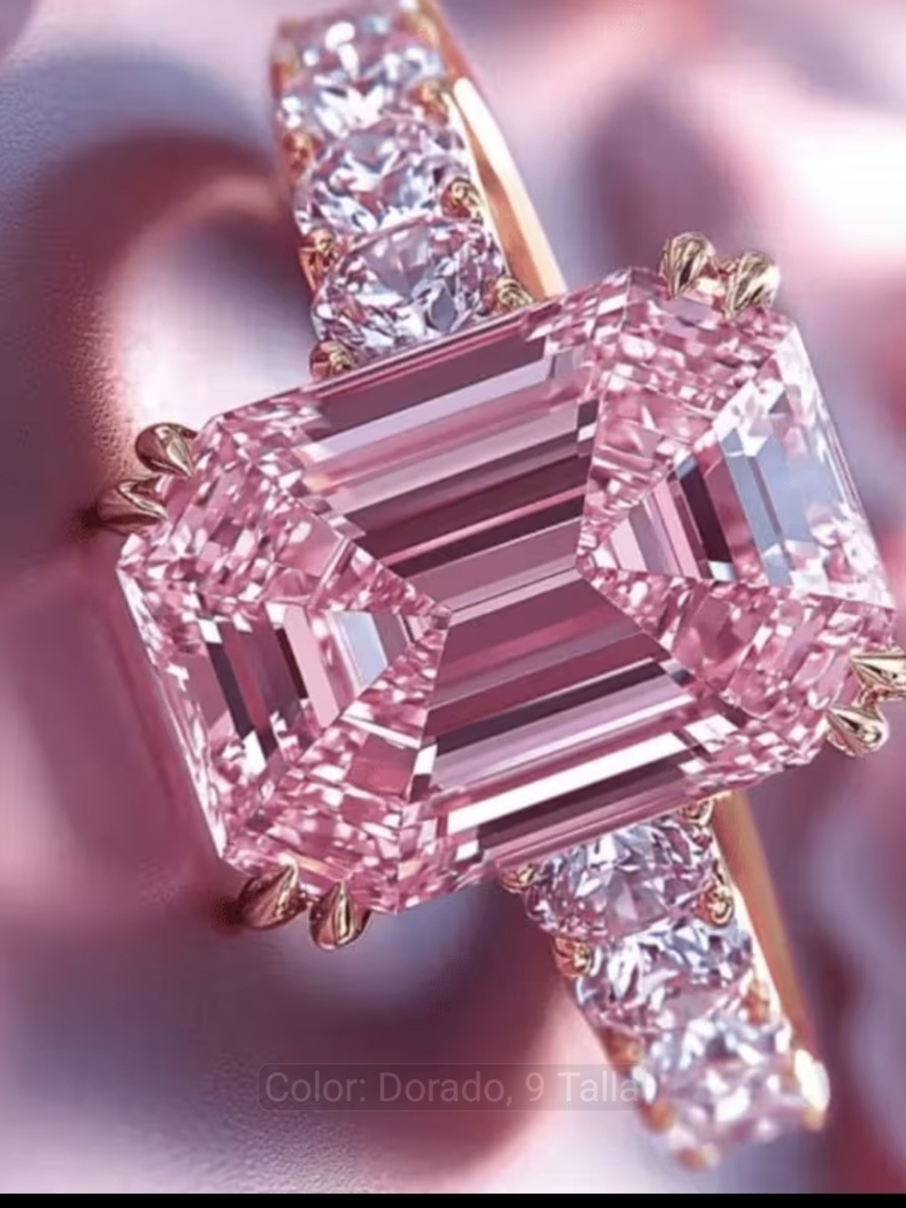 Rose-Pink Emerald-Cut Solitaire Ring with Pavé Accent